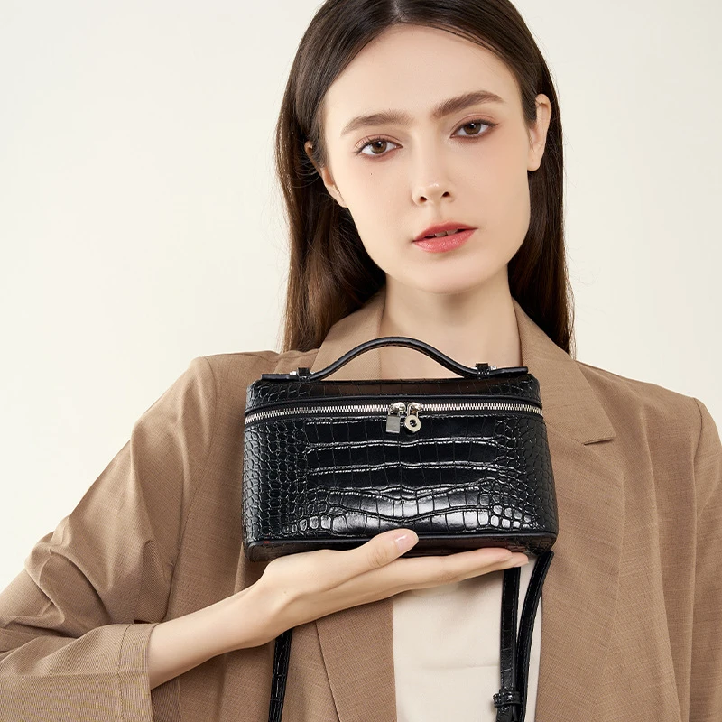 鳄鱼纹潮流时尚新款牛皮LP饭盒包女感手提凯莉包包单肩斜挎化妆包