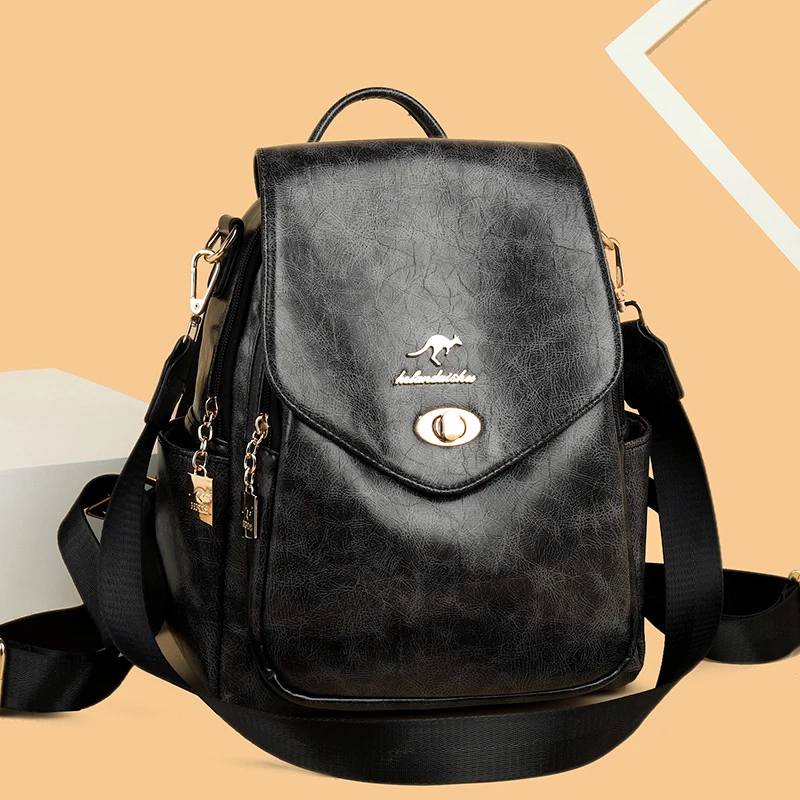 百搭玫瑰袋鼠双肩包女皮包2025新款大容量妈咪包软皮旅行出行背包