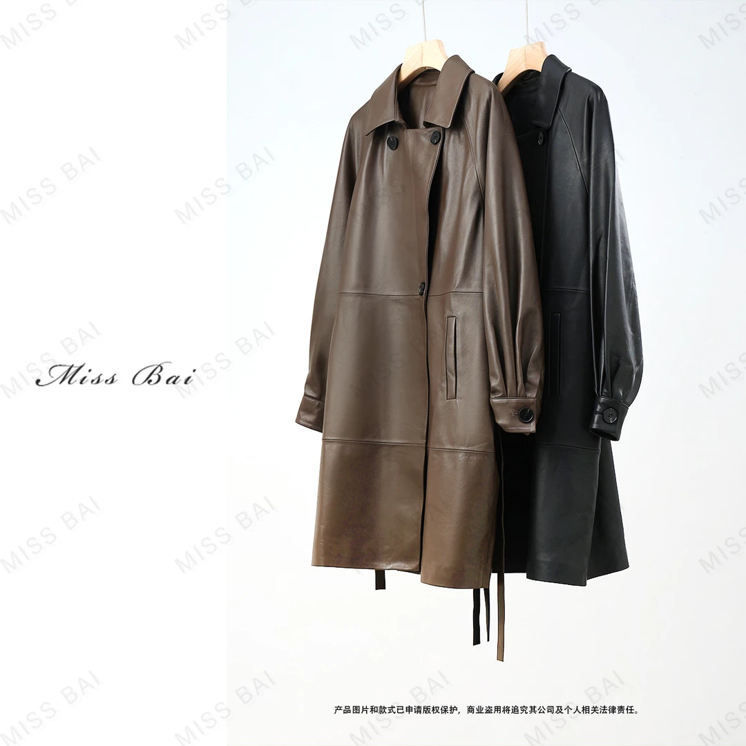 YIWEN-【看世界】风衣式羊皮皮衣外套PY3012