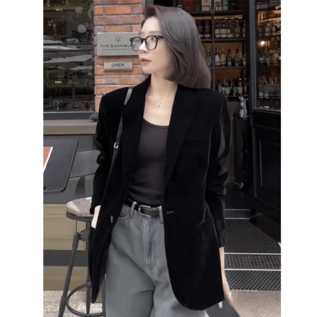 0266黑色丝绒西装外套女春秋显瘦气质女神范小个子女士西服上衣