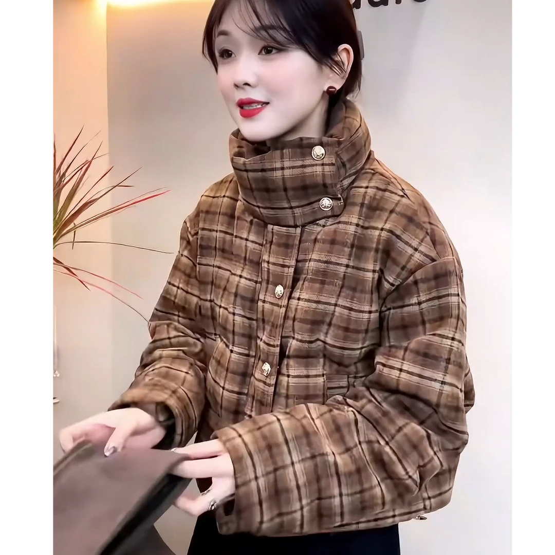 0283小个子韩系穿搭高级感短款格子时尚棉服外套女冬季新款爆款