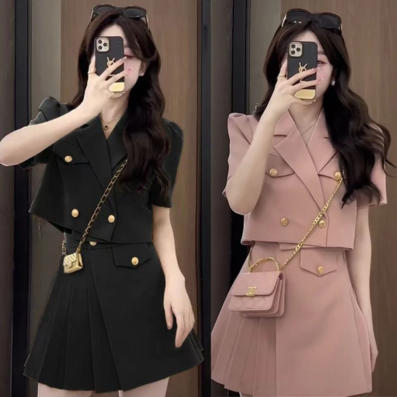 0116夏季新款胖MM200斤高级感设计短袖西装外套显瘦百褶裙