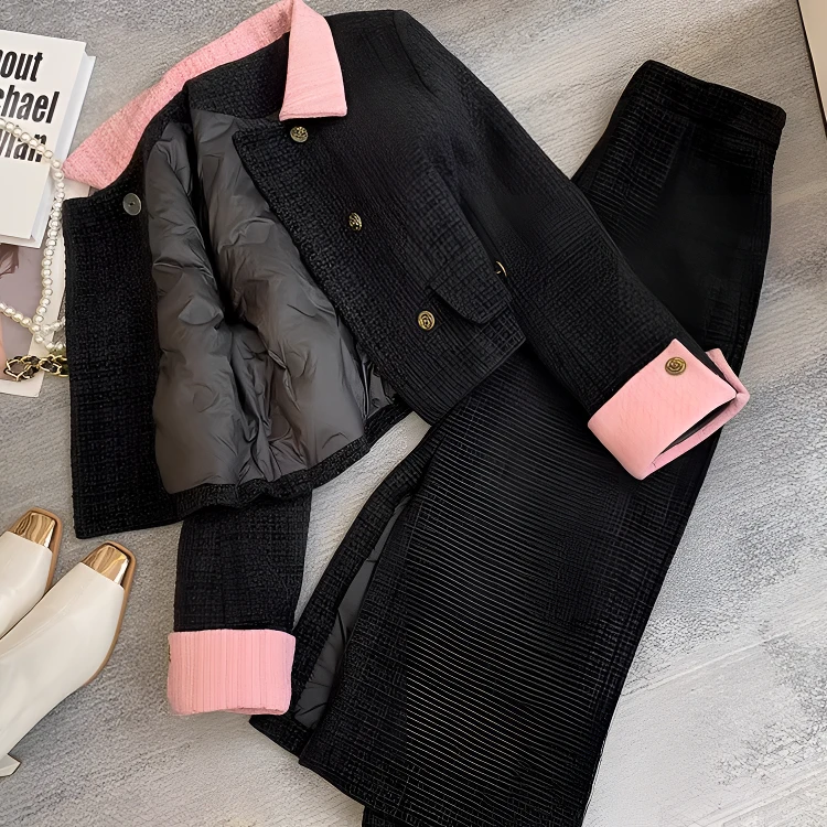 0285秋冬季新款高级感双排扣夹棉加厚小香风短外套半身长裙两件套