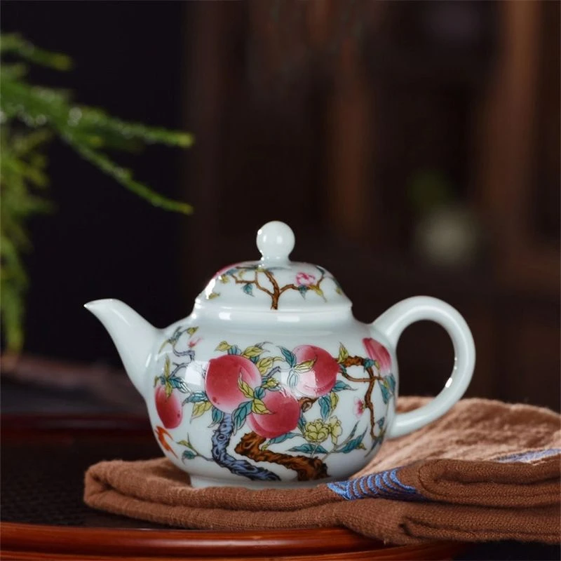 粉彩九桃茶壶景德镇陶瓷家用寿桃五福泡茶壶功夫茶具珐琅彩单茶壶