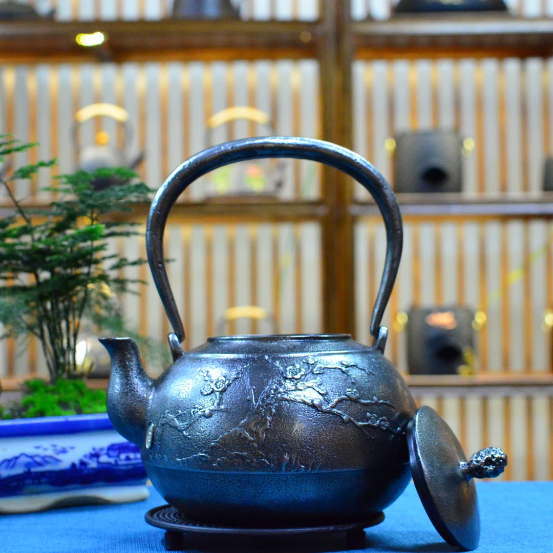 砂铁宝珠形松竹梅 1000毫升 纯手工 铸铁壶 生铁壶 烧水壶 砂铁壶