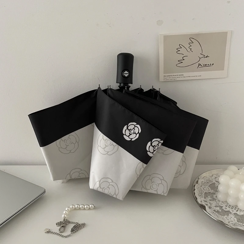 高级感复古全自动晴雨伞两用女学生小巧防晒简约折叠黑胶太阳伞