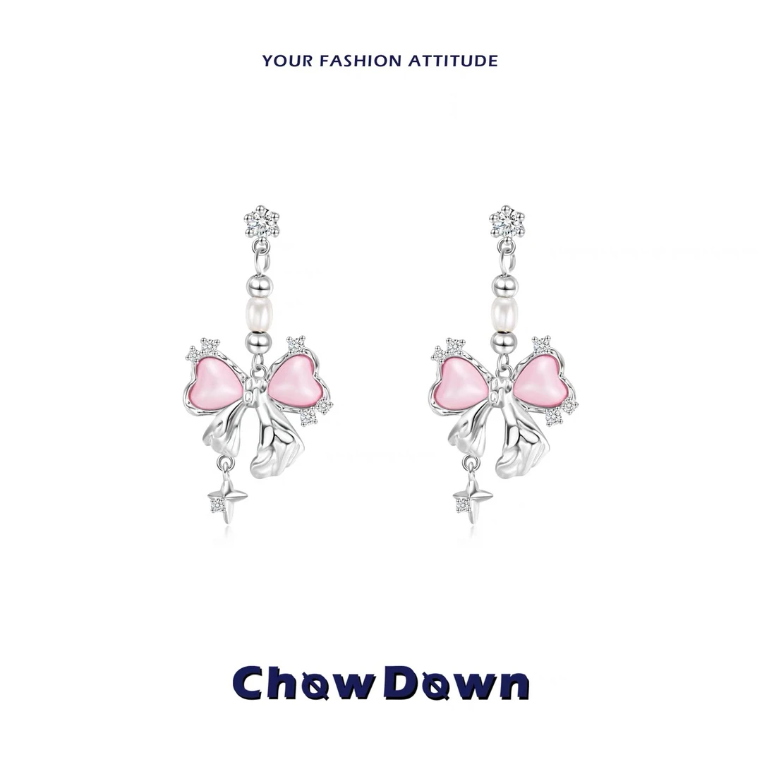 铜合金树脂耳饰 CHOWDOWN甜美粉色蝴蝶结珍珠耳环女气质轻奢耳饰