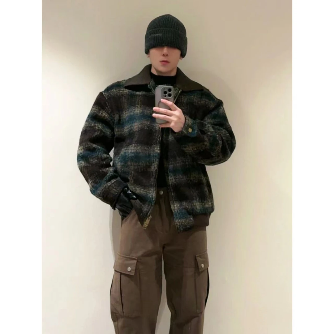 【MBH】圣诞系列冬廓形复古棕绿格纹翻领加厚夹克英伦高级男装