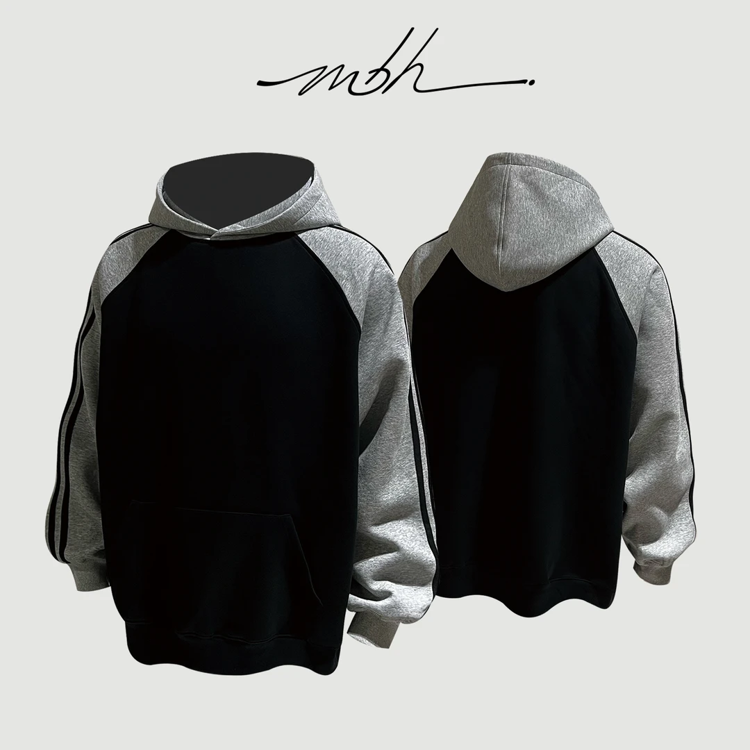 MBH|RAGLANHOODIE厚实美式复古插肩袖条杠连帽套头卫衣卫衣男