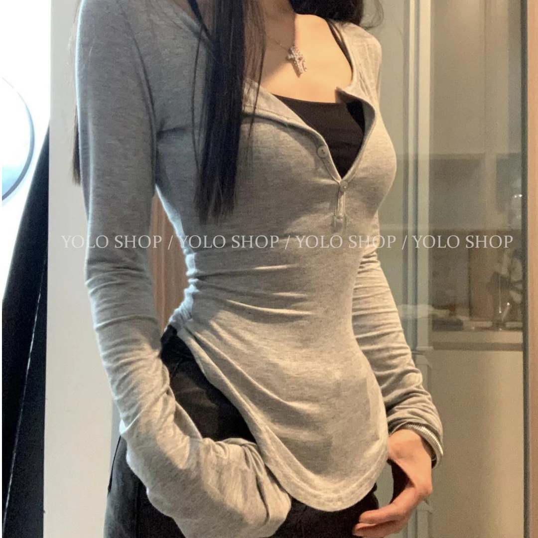 2024新款百搭辣妹V领长袖T恤显瘦超显身材辣妹性感微透上衣+吊带