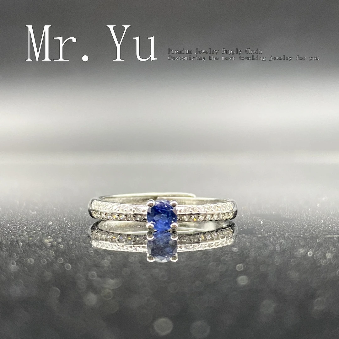 天然蓝宝石戒指s925银镶嵌简约轻奢时尚气质经典银戒蓝色宝石lb9