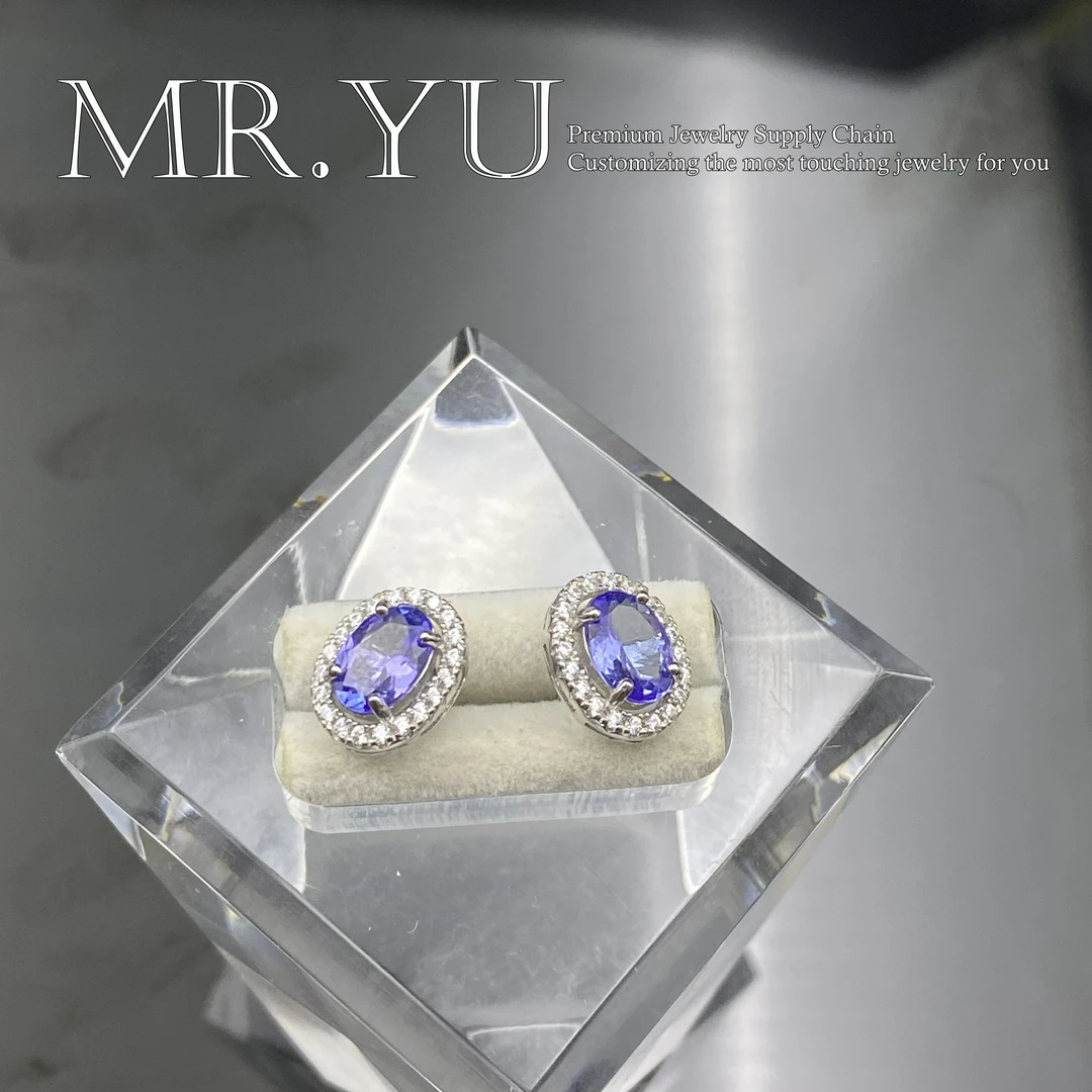 天然坦桑石s925银耳钉满钻四爪镶嵌精致轻奢优雅时尚款耳钉ts004