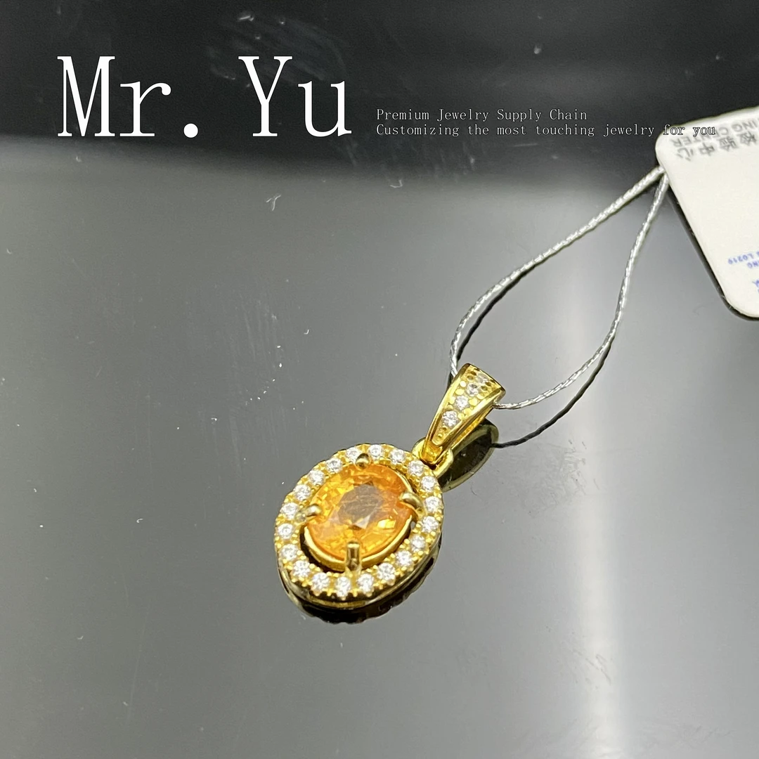 天然芬达石项链银镶石榴石气质轻奢时尚黄色精美s925银吊坠fd05