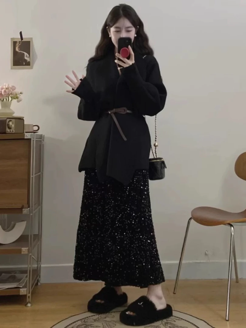 赫本风亮片半身裙大翻领开衫两件套秋冬新款时尚大气套装