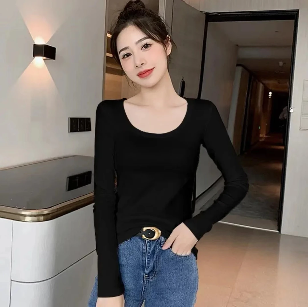 大圆领超薄莫代贴身款长袖内衣女士单件上衣紧身u领T恤秋衣打底衫