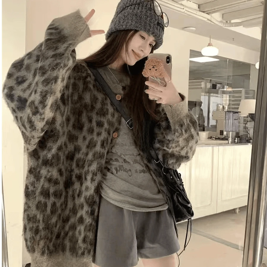 cgc复古软糯豹纹开衫针织衫女秋冬款慵懒宽松中长款毛衣外套上衣