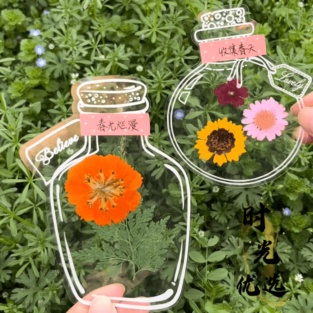 【手工DIY】瓶子里的秋天透明贴纸玻璃瓶创意干花书签收集树叶标本