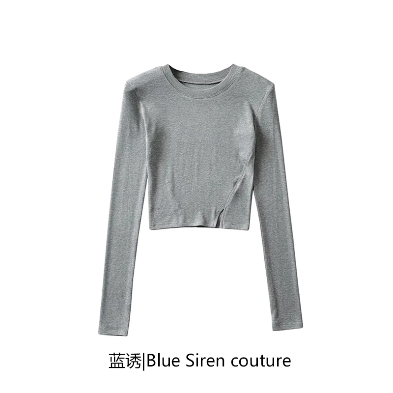 美式复古辣妹风圆领长袖T恤女初秋新款修身显瘦设计感开叉打底衫