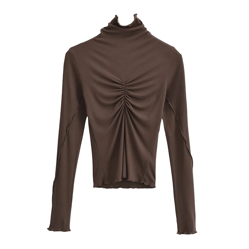 辣妹沦陷抽褶皱修身内搭打底衫紧身半高领木耳边长袖T恤上衣女