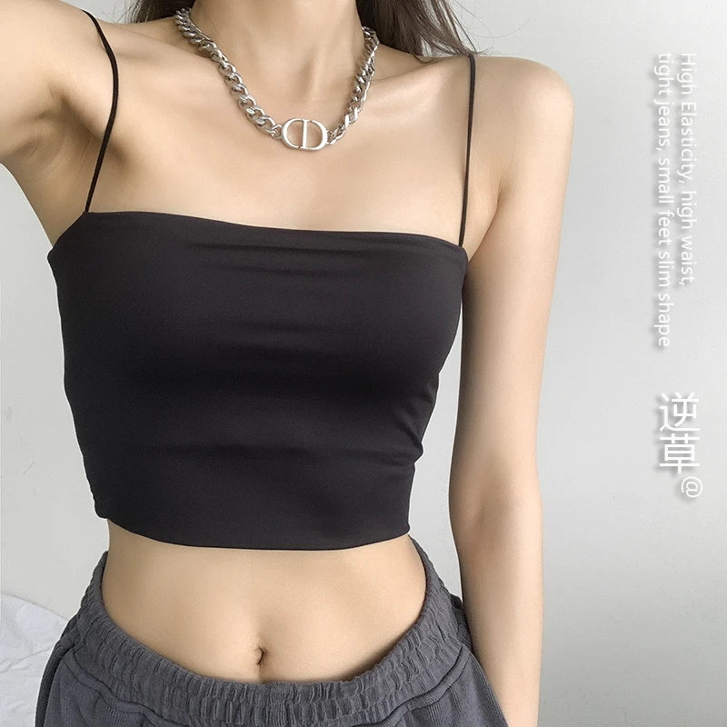 欧美细肩带一字领平口吊带黑色辣妹修身高腰短款内搭针织小背心女
