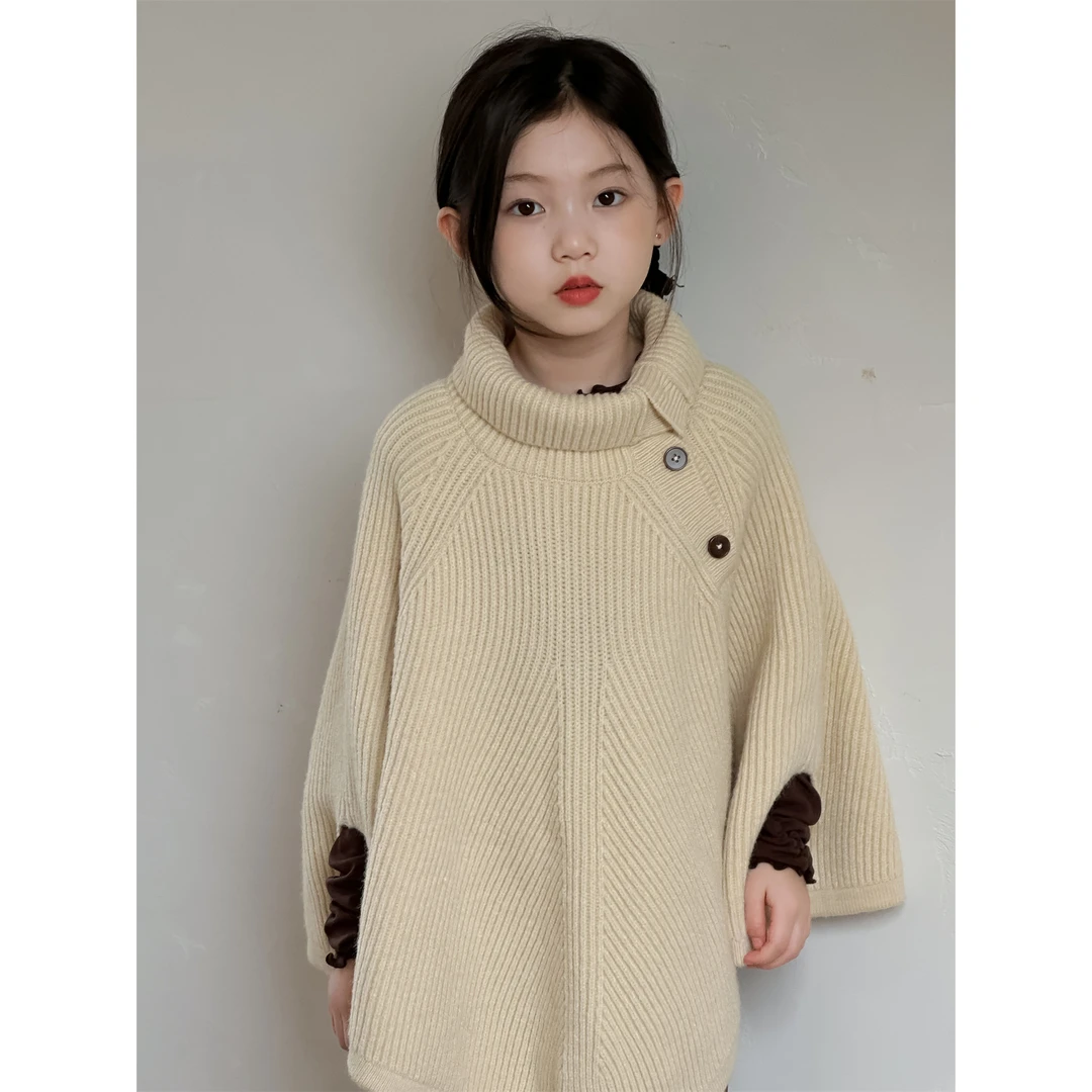 花与寻女童2024秋季新款韩版儿童毛衣斗篷宝宝外出防风衫洋气披风