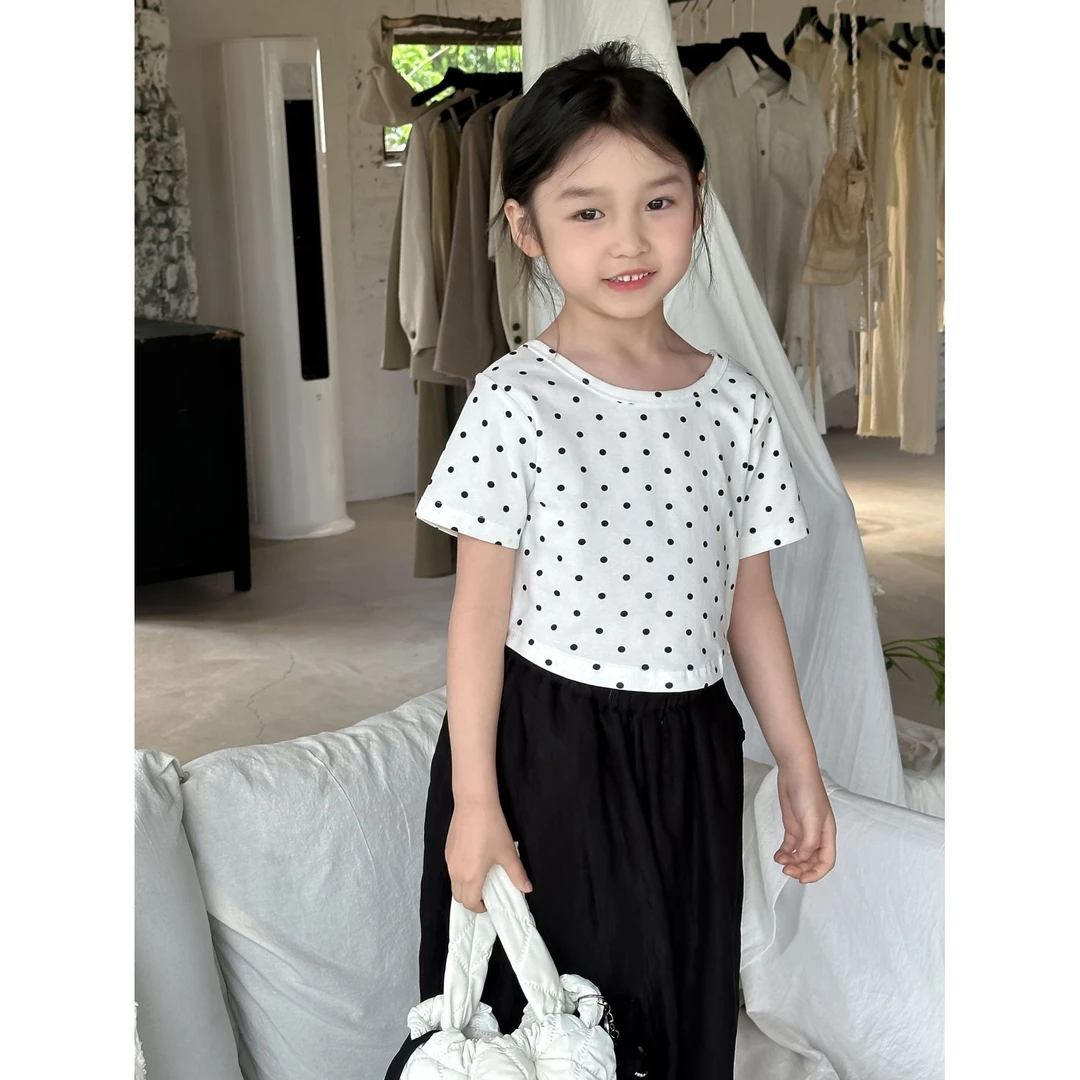 花与寻 2024新款夏季女童圆点T恤宝宝韩版简约百搭波点短袖上衣潮