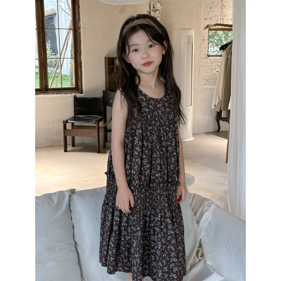 花与寻女童连衣裙2024新款夏季女孩复古无袖碎花裙子宝宝洋气长裙