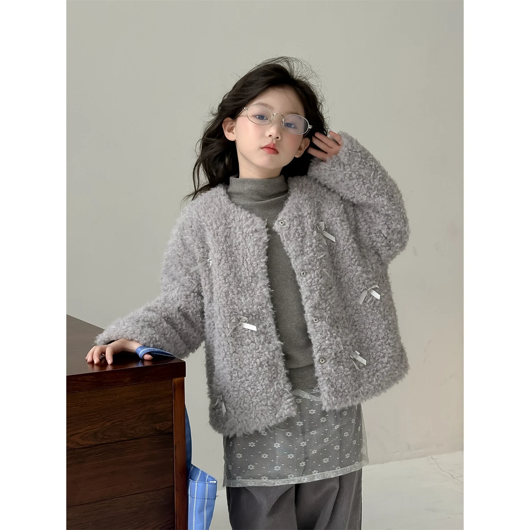 TBB童装韩版2024新款冬季女童蝴蝶结毛毛衣中大童休闲保暖 外套潮