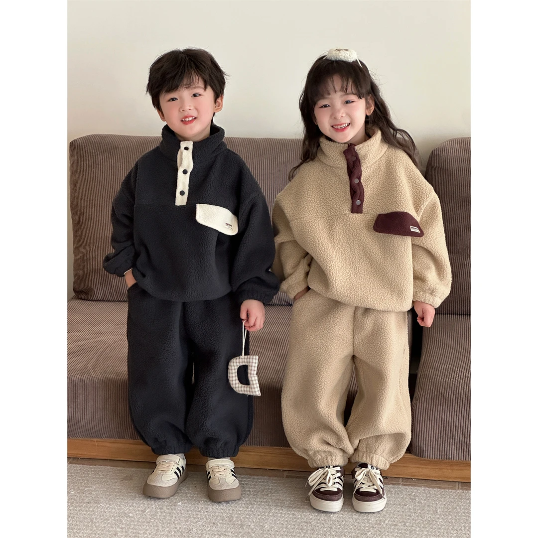 LJ-71226-冬新款儿童摇粒绒加厚套装保暖校服神器休闲两件套