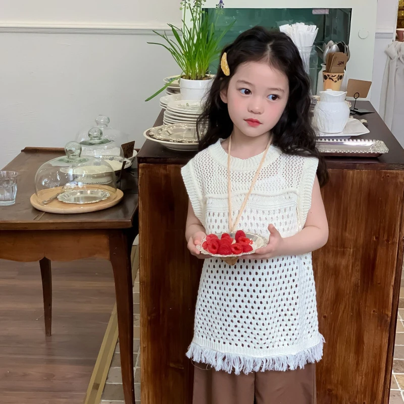 织里春夏童装女童夏装背心2024新款洋气百搭镂空毛衣女孩甜美外搭