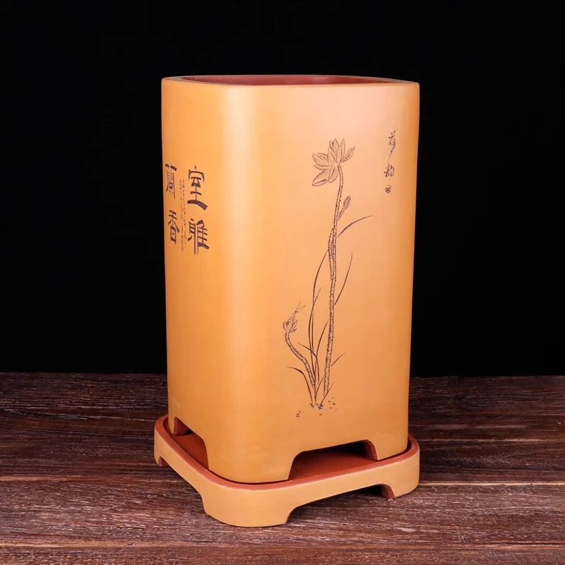 蔓木人紫砂宜兴紫砂花盆四方大签筒底座精品手工刻绘兰花盆景盆