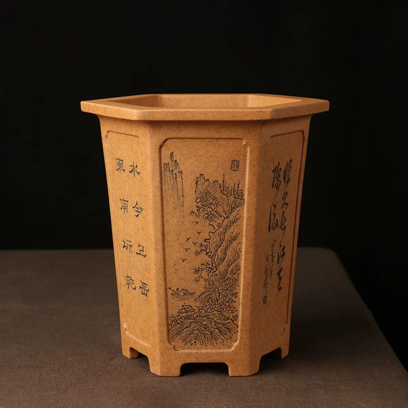 蔓木人宜兴紫砂花盆精品手工兰花盆段泥柴烧唯珍六方刻绘桌面绿植