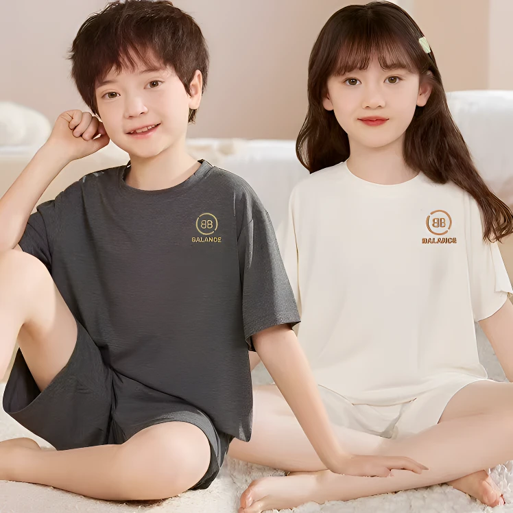 夏季儿童莫代尔家居服套装睡衣清爽空调服男女孩男童男孩透气薄款