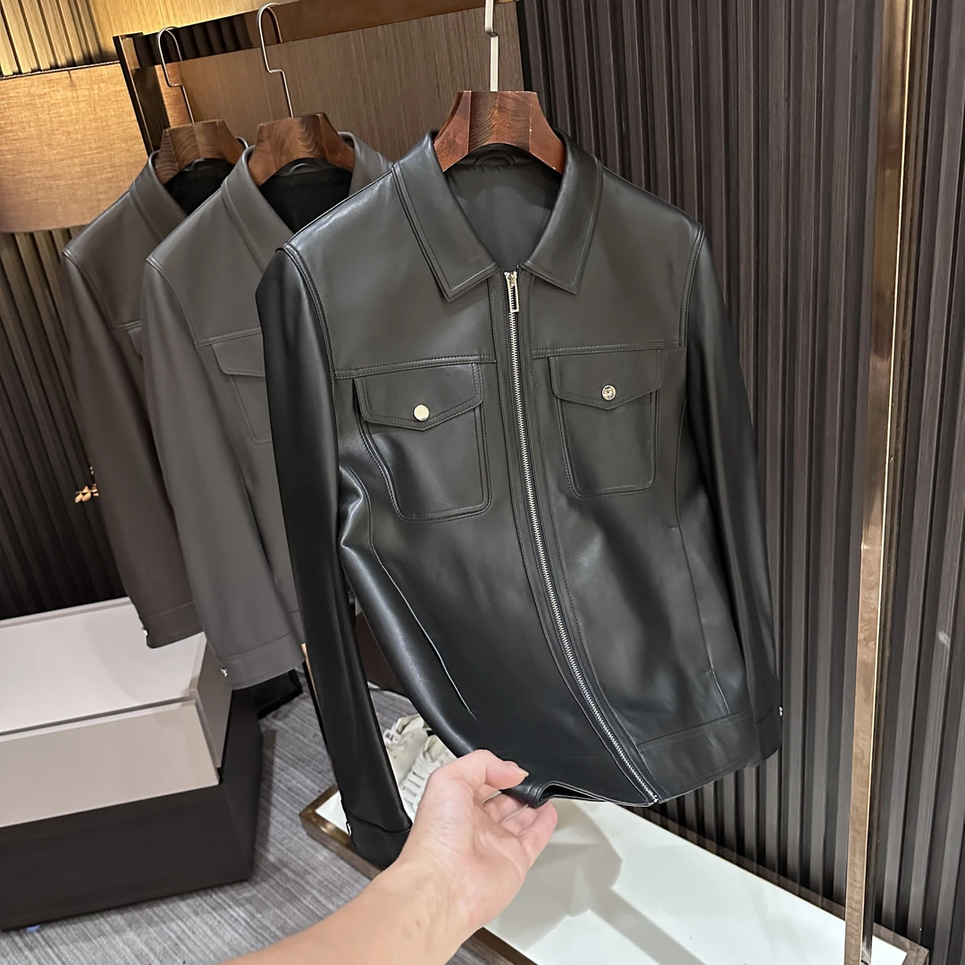 商务休闲气质 秋冬新款男士高端绵羊皮真皮皮衣多口袋翻领皮夹克
