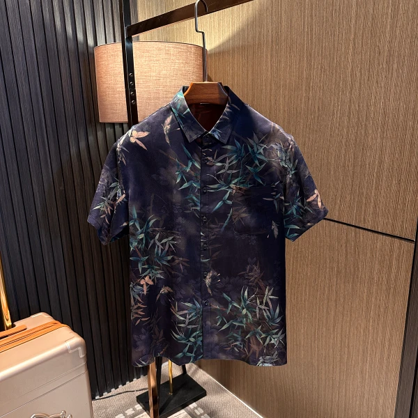 风情夏威夷100%桑蚕丝！25男士宽松复古印花衬衣男款真丝短袖衬衫