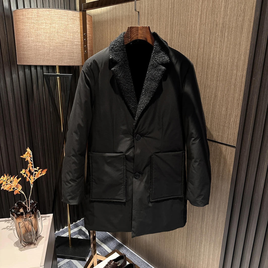 高端商务休闲  冬季男士毛领西装领高档纯色中长款保暖棉衣棉服男