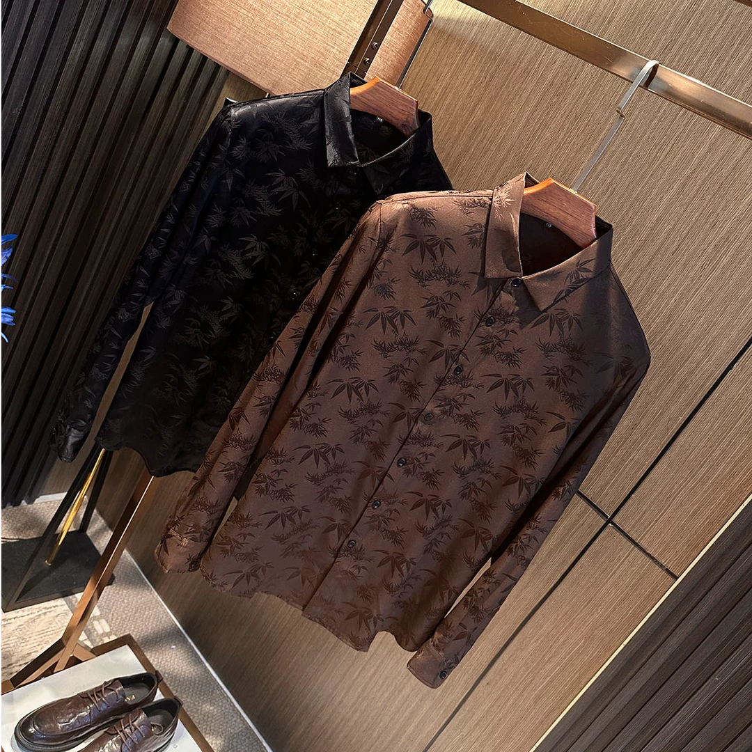 国风新中式！2025秋季新款男士满印复古休闲真丝桑蚕丝长袖衬衫