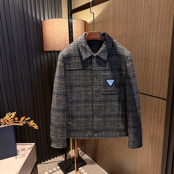 复古有型！绵羊毛用料！秋冬男士格子翻领百搭加棉加厚毛呢夹克外套