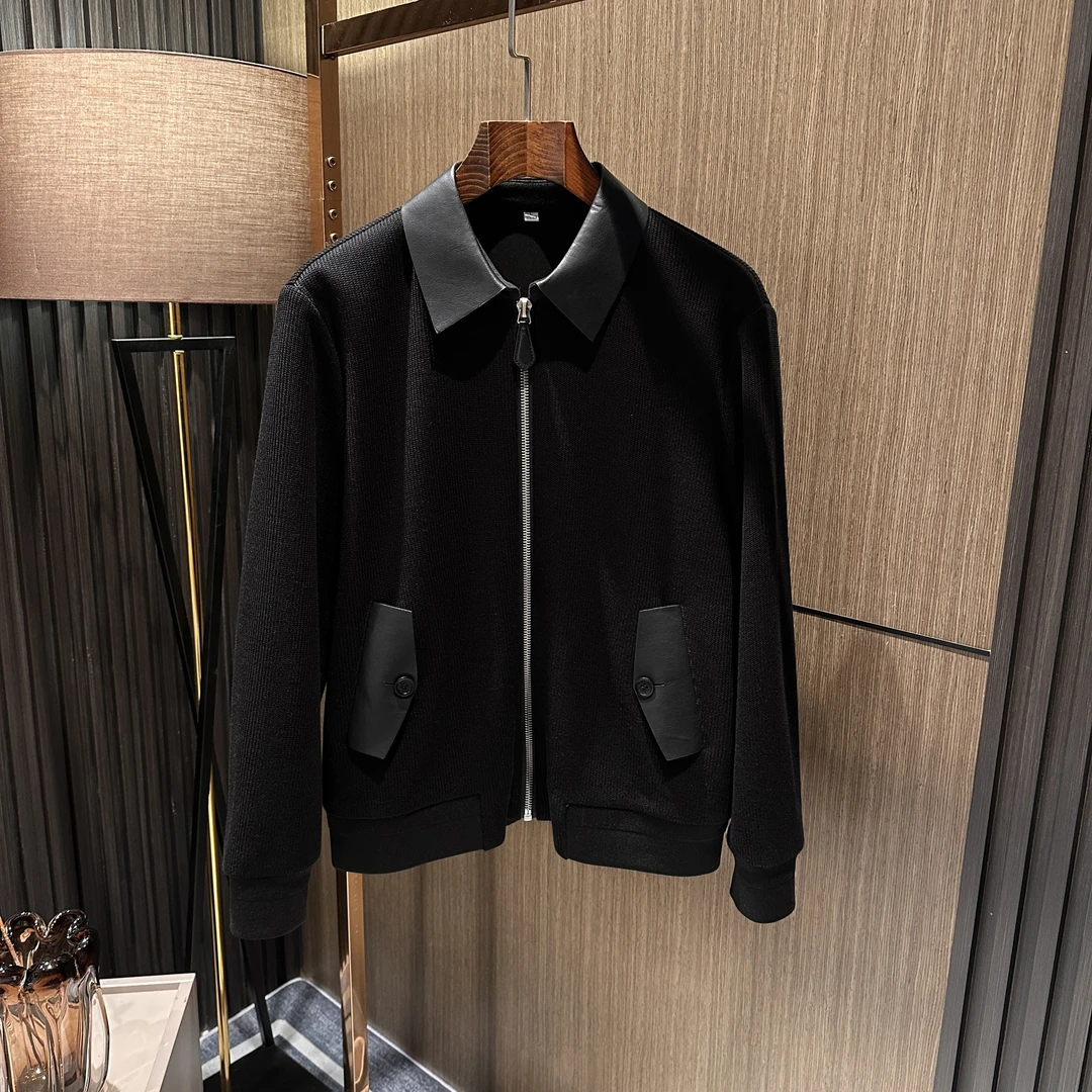法式百搭经典  男士春秋新款高档皮质拼接翻领外套潮流针织夹克男