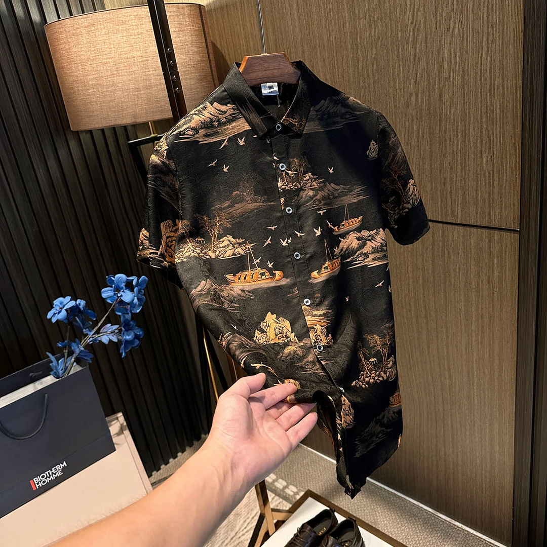 薯莨红云纱中国风！夏季新中式满印真丝衬衣男款桑蚕丝短袖衬衫