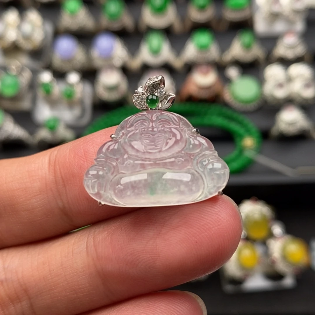 定制翡翠18K金镶嵌缅甸天然翡翠金镶佛公