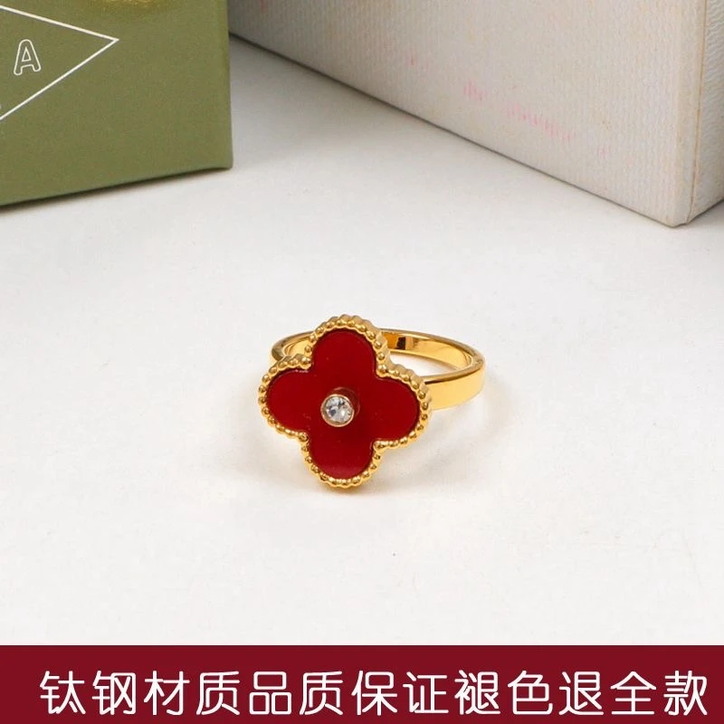 钛钢戒指 四叶花戒指绿色红色白色简约大气时尚小众百搭网红款