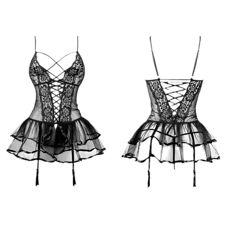 SS【芭蕾少女】性感蕾丝吊带连衣裙睡裙法式诱惑镂空印花套装 均码