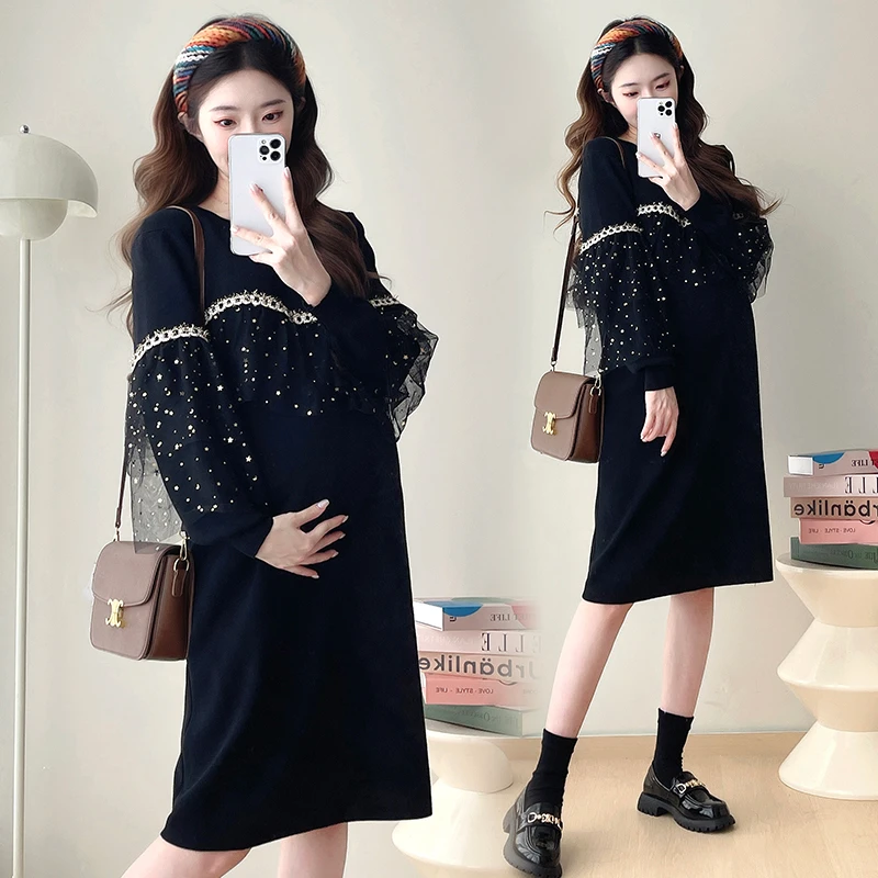 孕妇装秋装2024秋冬新款针织连衣裙中长款毛衣孕期小个子打底裙子