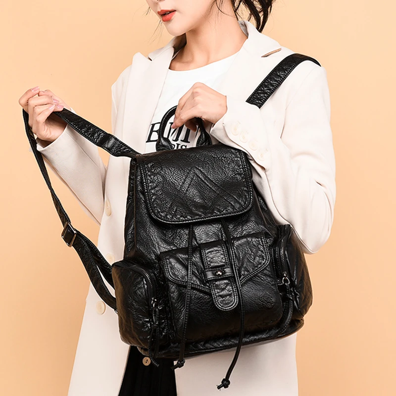 轻奢真皮双肩包女书包大容量2025新款复古软皮旅行背包洋气抽带包