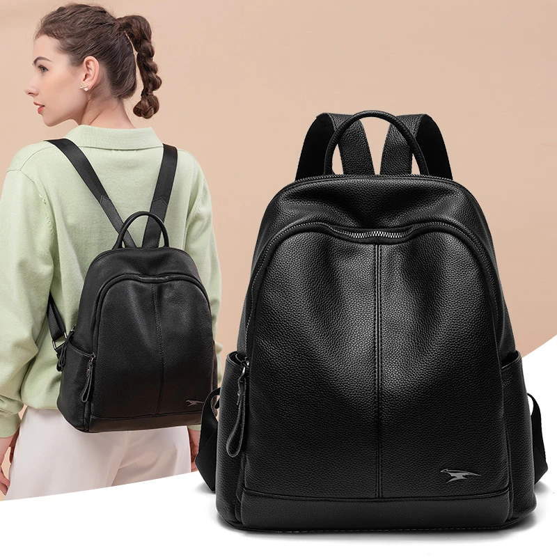 防盗简约真皮双肩包女2025新百搭时尚牛皮女士背包大容量旅行书包