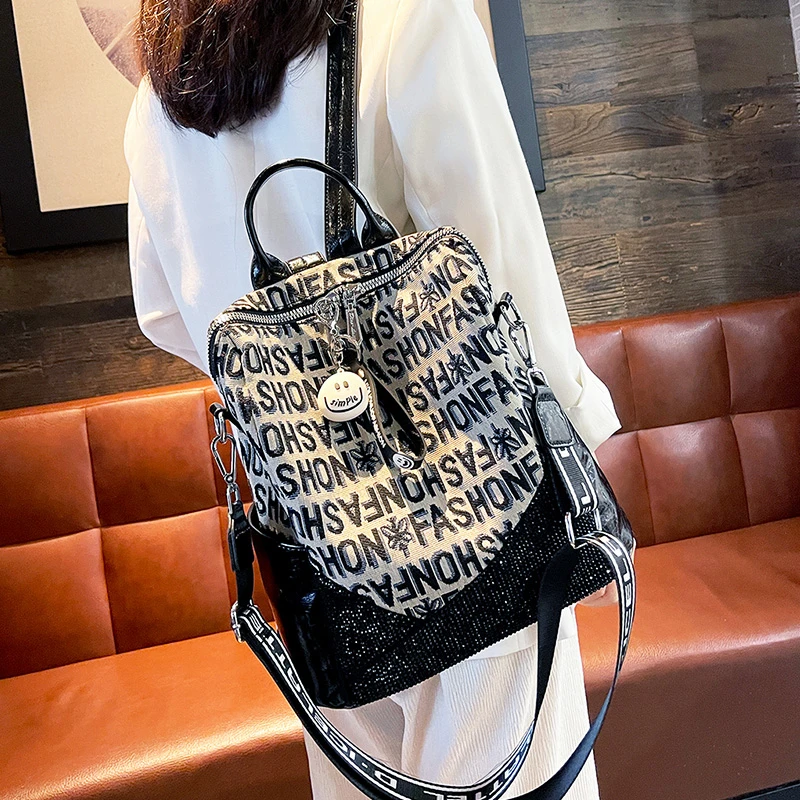 高级感小众旅行包时尚妈妈双肩包女2025新款潮流刺绣烫钻通勤背包