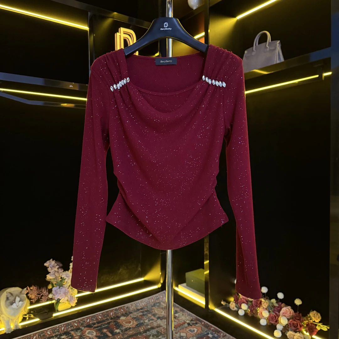 berylbetty轻奢百搭修身冬季时尚气质高级红色显瘦上衣LJ B1587
