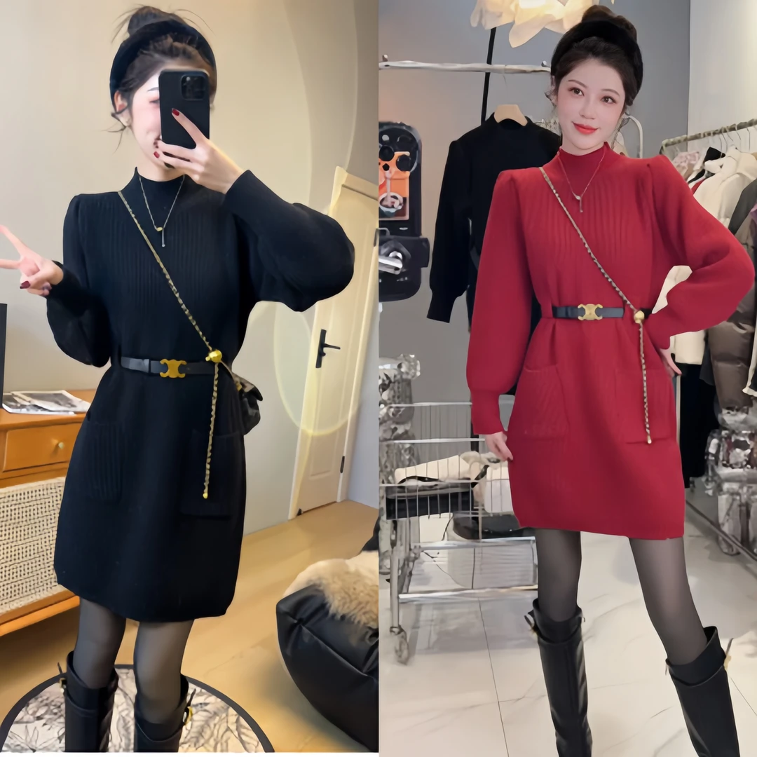 2024年秋冬新款法式设计感双口袋亮丝收腰中长款圆领针织连衣裙
