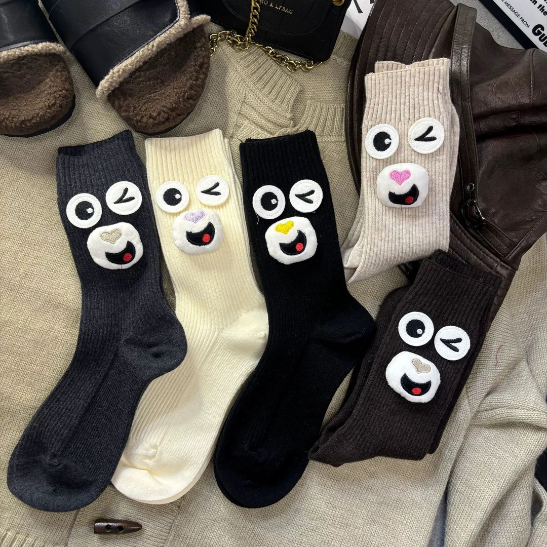 可爱甜美风袜子女秋冬外穿玩偶饰品袜小众个性中筒袜卡通搞怪笑脸